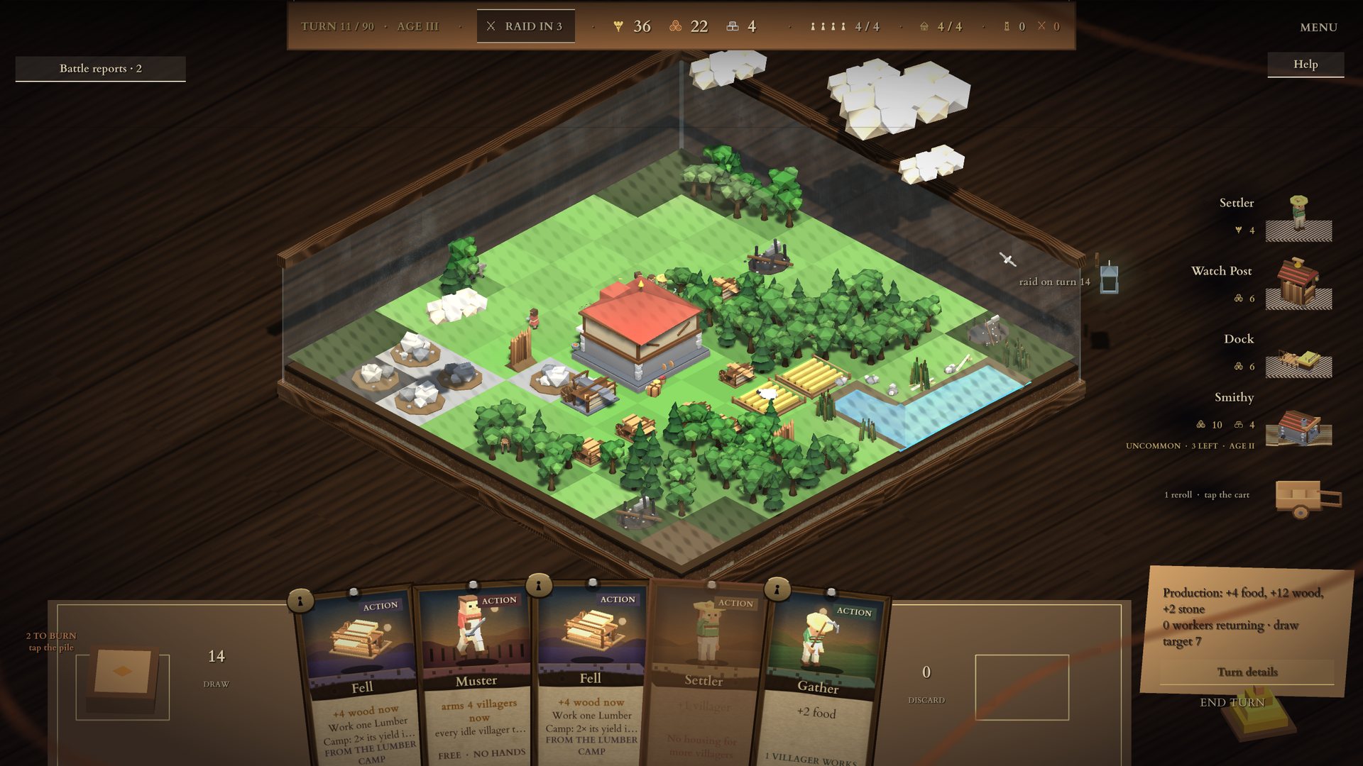 The case at a slight tilt, a village mid-run under glass, the hand of cards resting against the front pane
