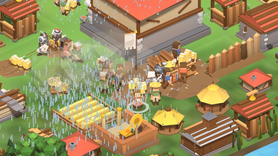 The yard beside the hall: heaps of food, wood and stone, workers and a mounted guard